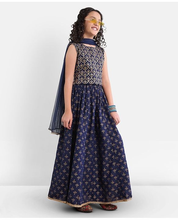 Pine Kids Viscose Sleeveless Sequin Embellished Choli & Lehenga Set with Dupatta Zari Design - Blue