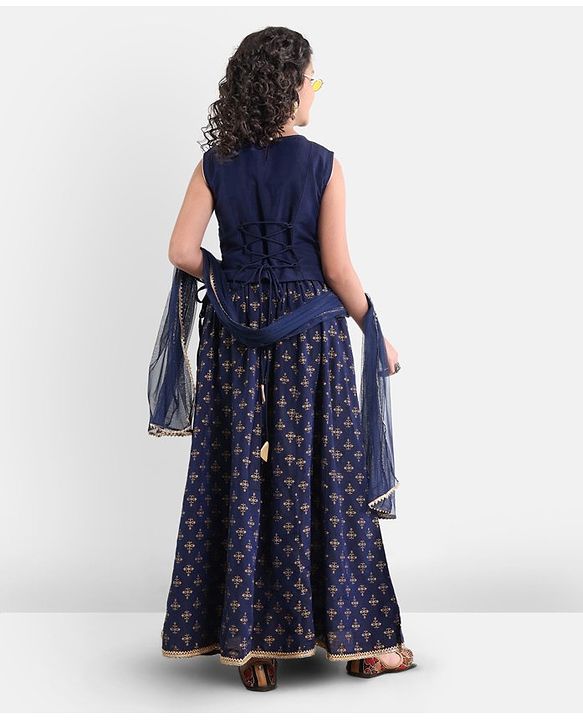 Pine Kids Viscose Sleeveless Sequin Embellished Choli & Lehenga Set with Dupatta Zari Design - Blue