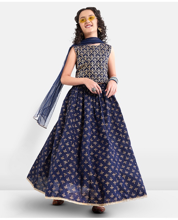 Pine Kids Viscose Sleeveless Sequin Embellished Choli & Lehenga Set with Dupatta Zari Design - Blue