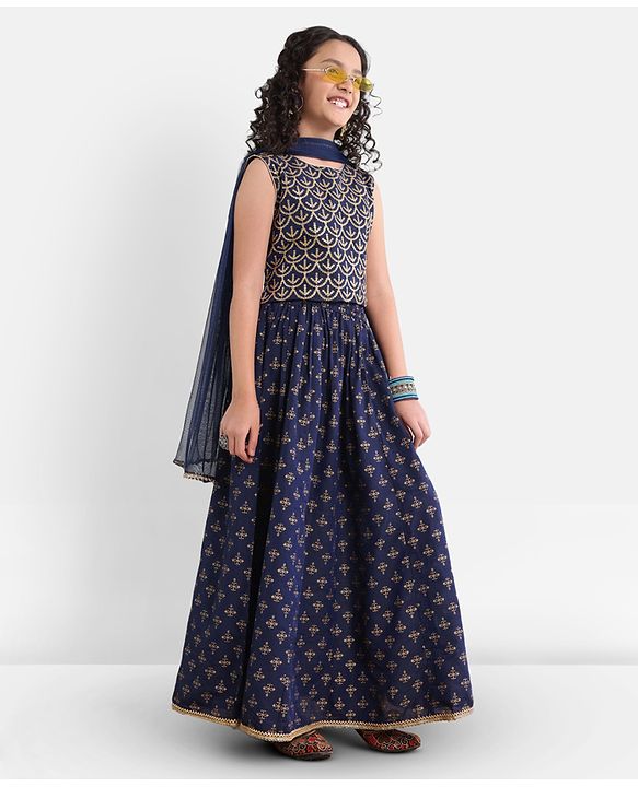 Pine Kids Viscose Sleeveless Sequin Embellished Choli & Lehenga Set with Dupatta Zari Design - Blue