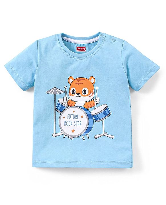 Babyhug Cotton Half Sleeves T-Shirt and Knee Length Shorts Tiger Print - Light Blue & White