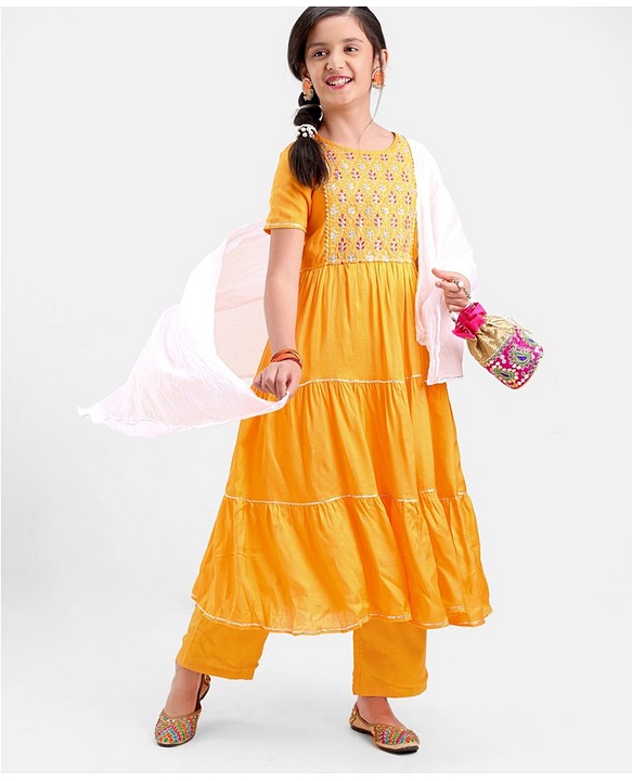 Pine Kids 100% Viscose Half Sleeves Kurta and Salwar Set with Duppata Motif Embroidery - Mustard