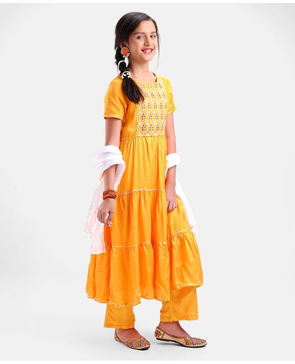 Pine Kids 100% Viscose Half Sleeves Kurta and Salwar Set with Duppata Motif Embroidery - Mustard