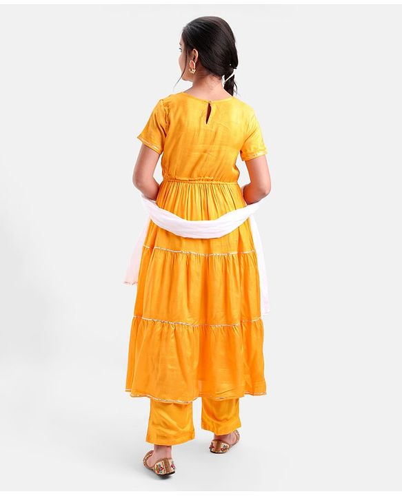 Pine Kids 100% Viscose Half Sleeves Kurta and Salwar Set with Duppata Motif Embroidery - Mustard