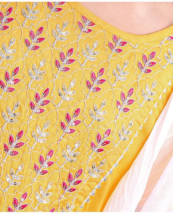 Pine Kids 100% Viscose Half Sleeves Kurta and Salwar Set with Duppata Motif Embroidery - Mustard