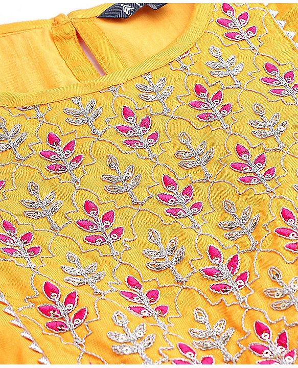 Pine Kids 100% Viscose Half Sleeves Kurta and Salwar Set with Duppata Motif Embroidery - Mustard