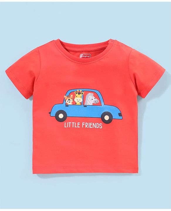 Babyhug Terry Cotton Half Sleeves T-shirt and Shorts Car Print - Red & White