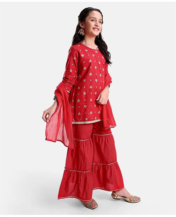 Pine Kids Three Fourth Sleeves Flower Print Layered Kurti & Churidar Salwar Set - Red