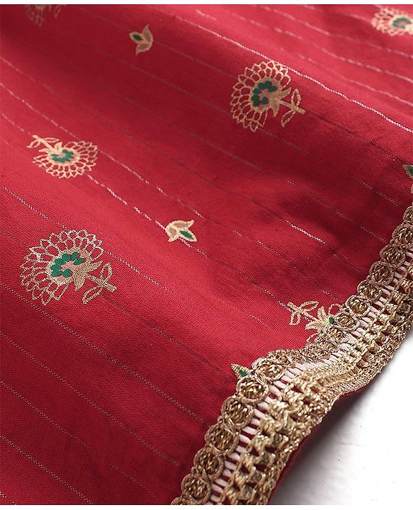 Pine Kids Three Fourth Sleeves Flower Print Layered Kurti & Churidar Salwar Set - Red