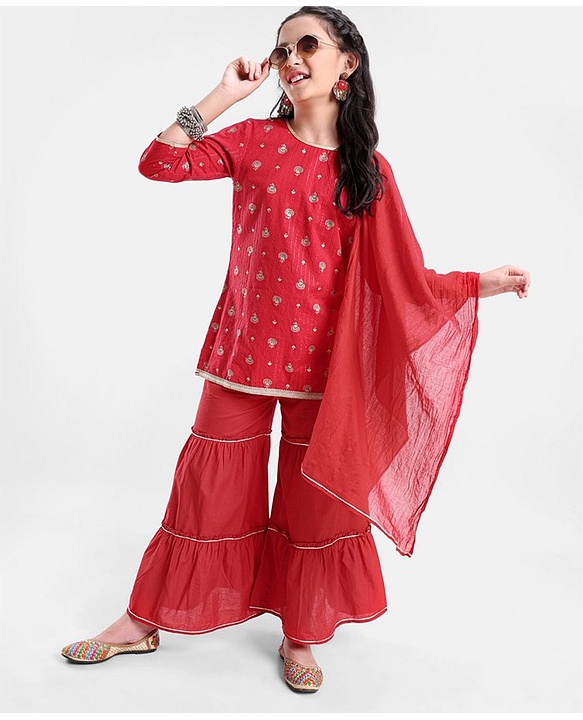 Pine Kids Three Fourth Sleeves Flower Print Layered Kurti & Churidar Salwar Set - Red