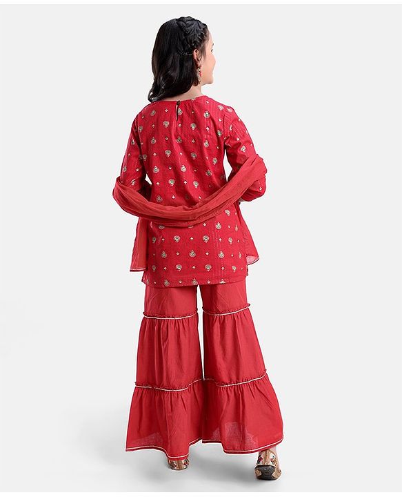 Pine Kids Three Fourth Sleeves Flower Print Layered Kurti & Churidar Salwar Set - Red
