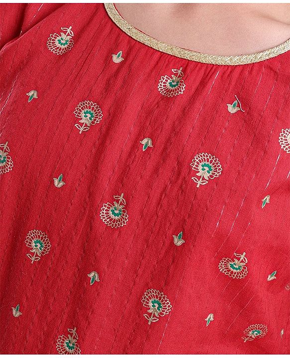 Pine Kids Three Fourth Sleeves Flower Print Layered Kurti & Churidar Salwar Set - Red