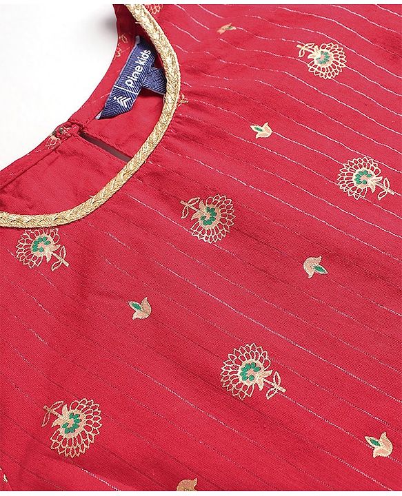 Pine Kids Three Fourth Sleeves Flower Print Layered Kurti & Churidar Salwar Set - Red