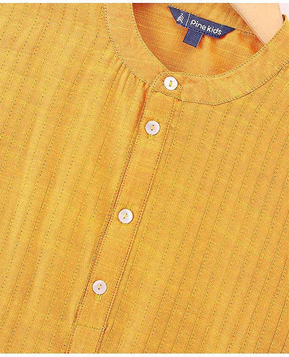 Pine Kids Full Sleeves Pintuck Checked Kurta Pyjama Set - Yellow