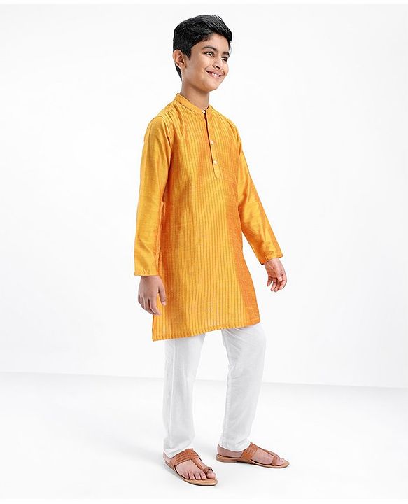 Pine Kids Full Sleeves Pintuck Checked Kurta Pyjama Set - Yellow