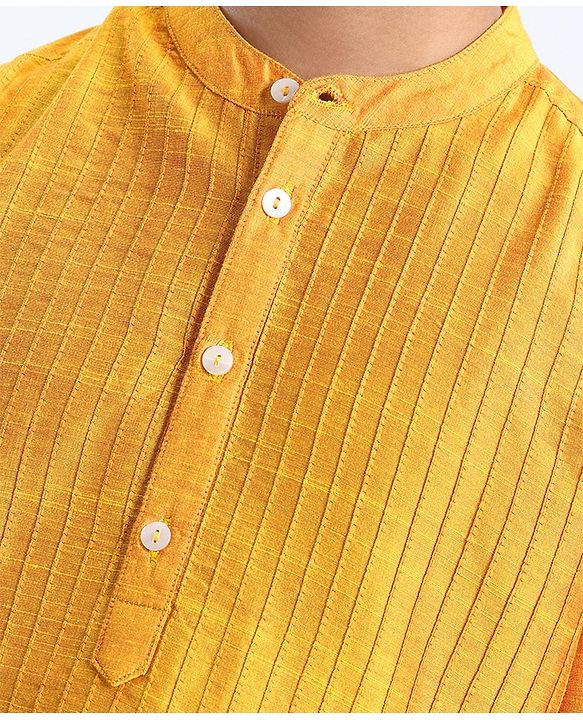 Pine Kids Full Sleeves Pintuck Checked Kurta Pyjama Set - Yellow