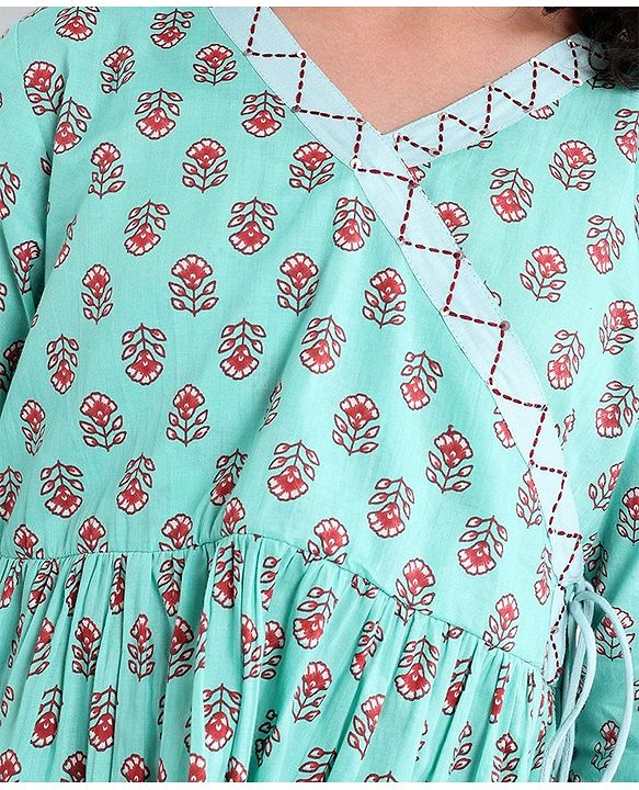 Pine Kids Cotton Three Fourth Sleeves Side Thread Work Kurta & Salwar Set with Dupatta Floral Print - Turquoise