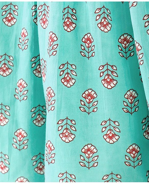 Pine Kids Cotton Three Fourth Sleeves Side Thread Work Kurta & Salwar Set with Dupatta Floral Print - Turquoise