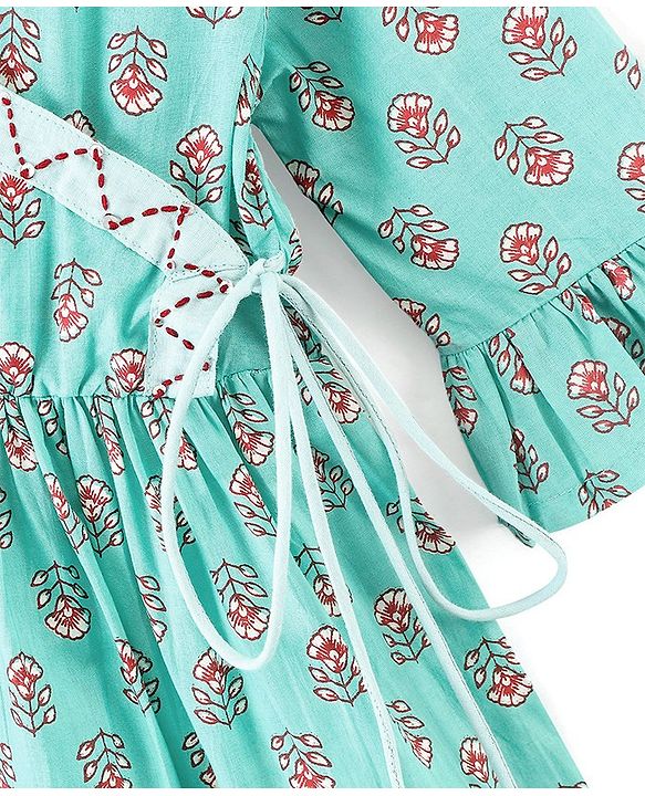 Pine Kids Cotton Three Fourth Sleeves Side Thread Work Kurta & Salwar Set with Dupatta Floral Print - Turquoise