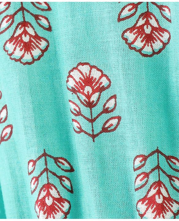 Pine Kids Cotton Three Fourth Sleeves Side Thread Work Kurta & Salwar Set with Dupatta Floral Print - Turquoise