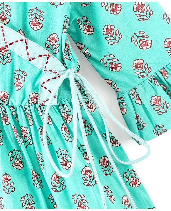 Pine Kids Cotton Three Fourth Sleeves Side Thread Work Kurta & Salwar Set with Dupatta Floral Print - Turquoise