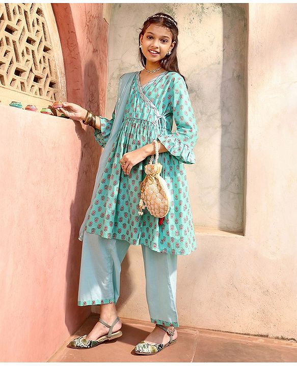Pine Kids Cotton Three Fourth Sleeves Side Thread Work Kurta & Salwar Set with Dupatta Floral Print - Turquoise