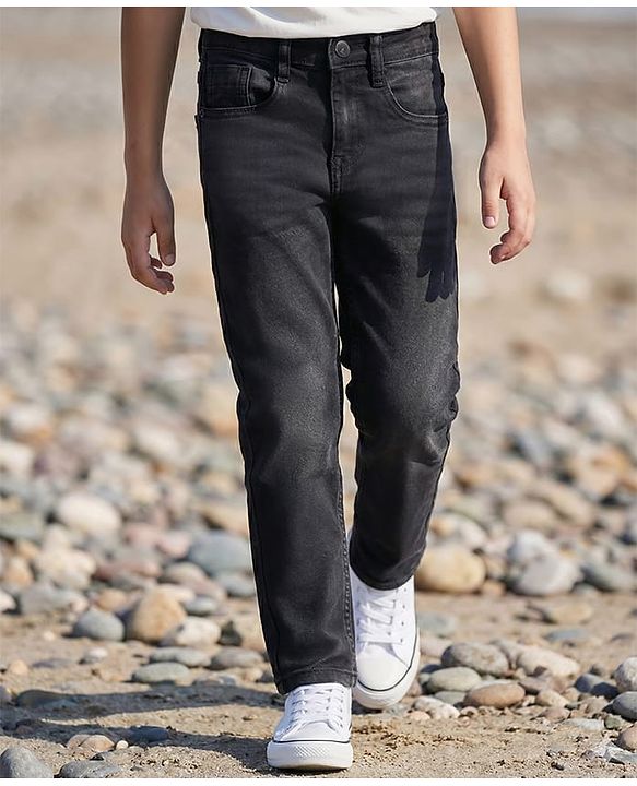 Pine Kids Full Length Five Pocket Cotton Elastane Washed Denim Jeans - Black