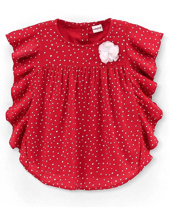 Babyhug 100% Rayon Half Sleeves Top With Corsage Detailing & Dot Print - Red