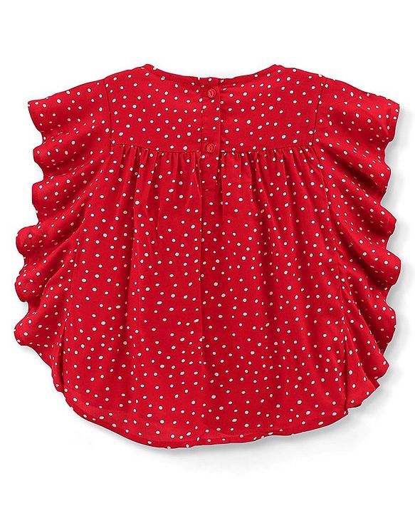 Babyhug 100% Rayon Half Sleeves Top With Corsage Detailing & Dot Print - Red