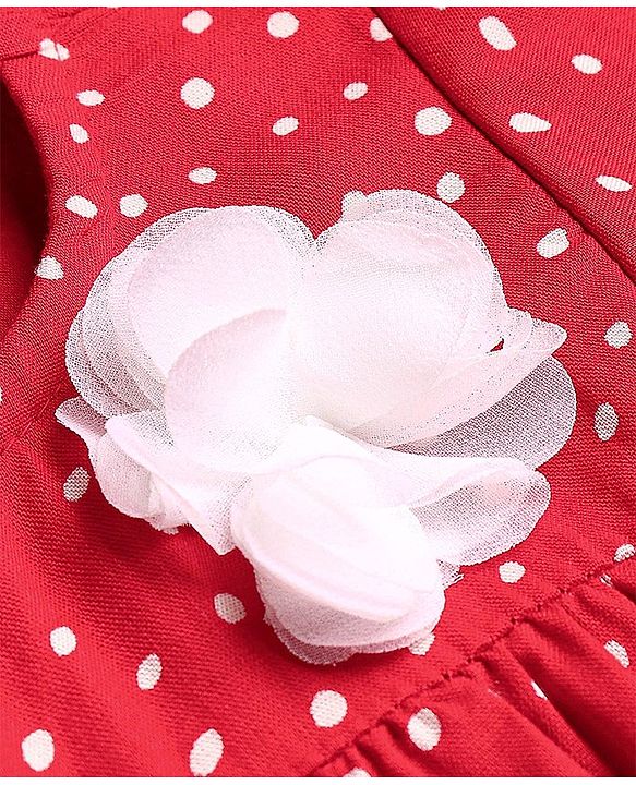 Babyhug 100% Rayon Half Sleeves Top With Corsage Detailing & Dot Print - Red