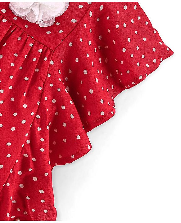 Babyhug 100% Rayon Half Sleeves Top With Corsage Detailing & Dot Print - Red