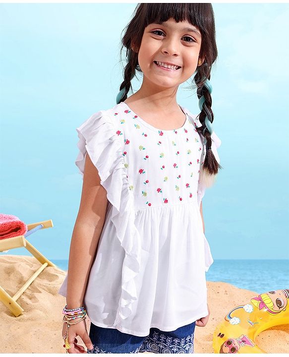 Babyhug 100% Rayon Half Sleeves Top Floral Embroidery & Frill Detailing - White