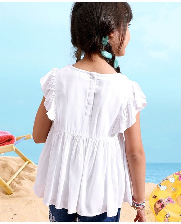 Babyhug 100% Rayon Half Sleeves Top Floral Embroidery & Frill Detailing - White