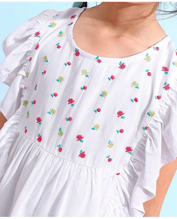 Babyhug 100% Rayon Half Sleeves Top Floral Embroidery & Frill Detailing - White
