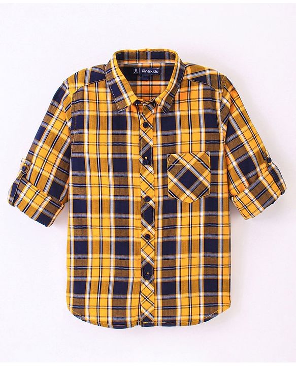 Pine Kids Full Sleeve Turn Up Single Pocket Checks Shirt - Yellow