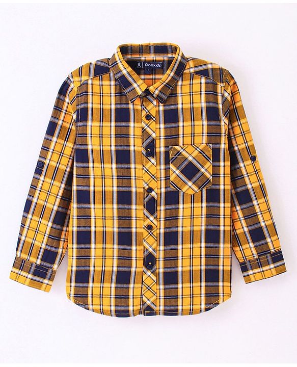 Pine Kids Full Sleeve Turn Up Single Pocket Checks Shirt - Yellow