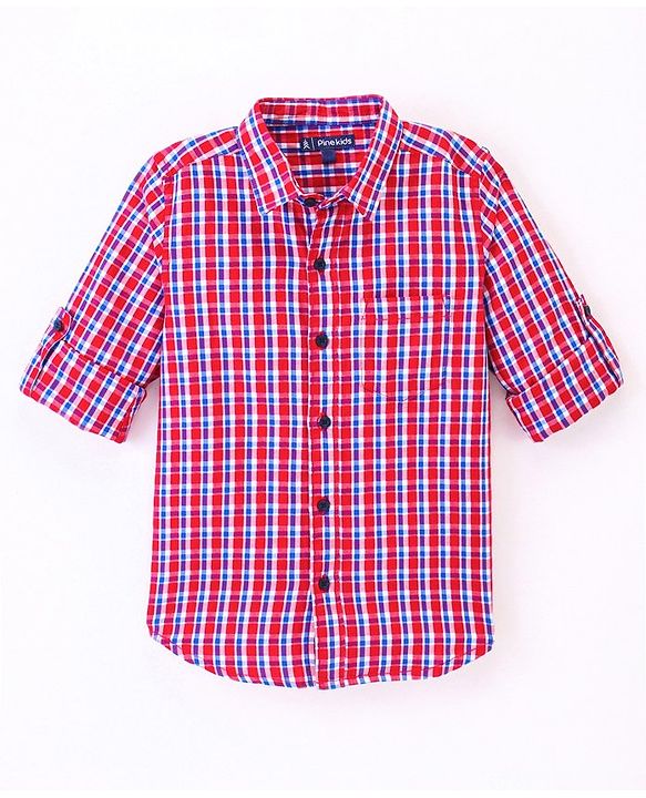 Pine Kids Full Sleeve Turn Up Single Pocket Checks Shirt - Red