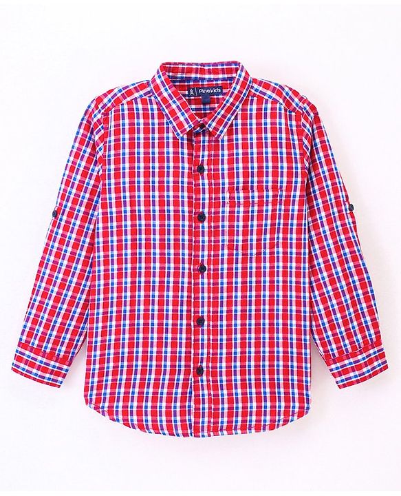 Pine Kids Full Sleeve Turn Up Single Pocket Checks Shirt - Red