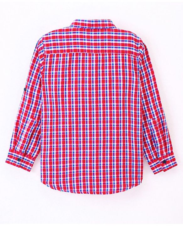 Pine Kids Full Sleeve Turn Up Single Pocket Checks Shirt - Red
