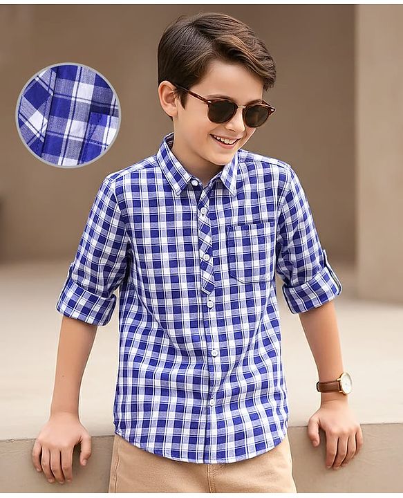 Pine Kids Cotton Full Sleeves Checks Shirt With Sleeve Turn Up - Blue