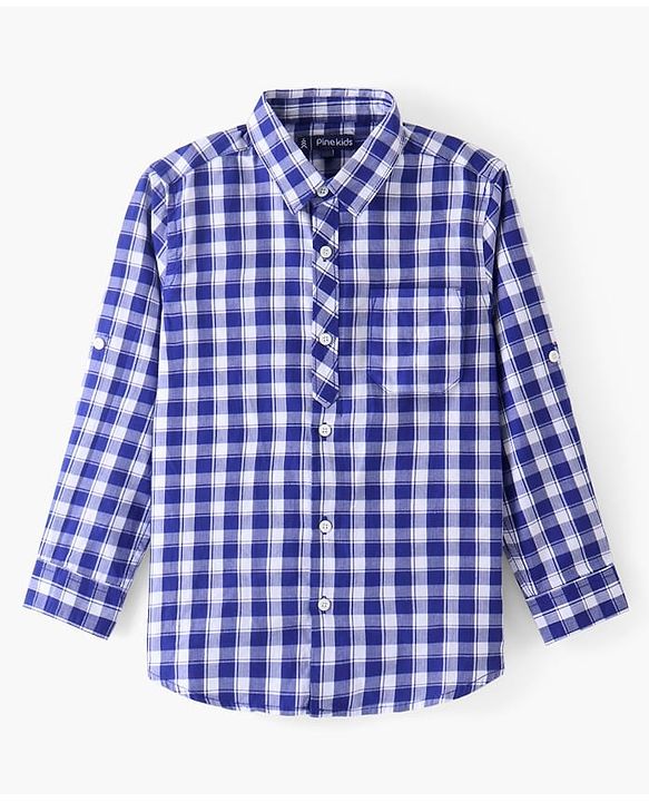 Pine Kids Cotton Full Sleeves Checks Shirt With Sleeve Turn Up - Blue