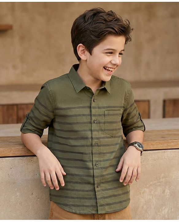 Pine Kids 100% Cotton Full Sleeve Turn Up Single Pocket Striped Shirt - Green