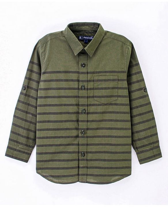 Pine Kids 100% Cotton Full Sleeve Turn Up Single Pocket Striped Shirt - Green
