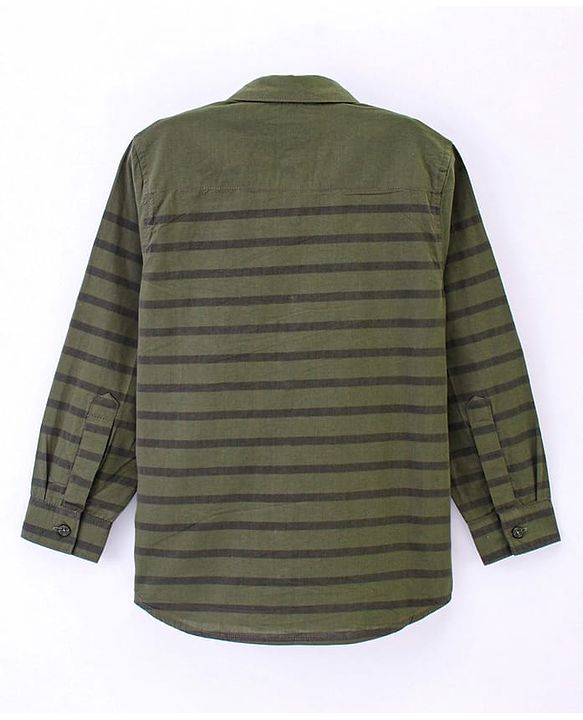 Pine Kids 100% Cotton Full Sleeve Turn Up Single Pocket Striped Shirt - Green