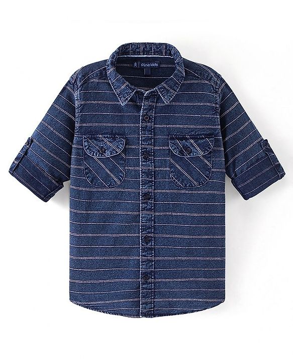 Pine Kids Denim Cotton Soft Hand Feel Full Sleeves Striped Shirt - Blue