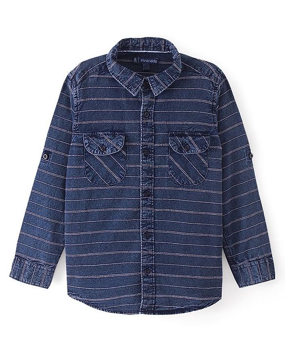 Pine Kids Denim Cotton Soft Hand Feel Full Sleeves Striped Shirt - Blue
