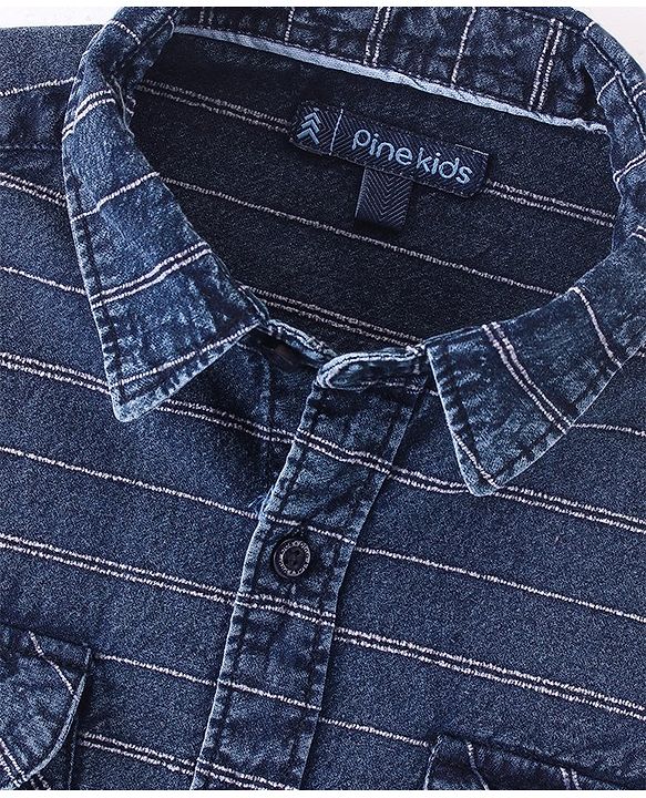 Pine Kids Denim Cotton Soft Hand Feel Full Sleeves Striped Shirt - Blue