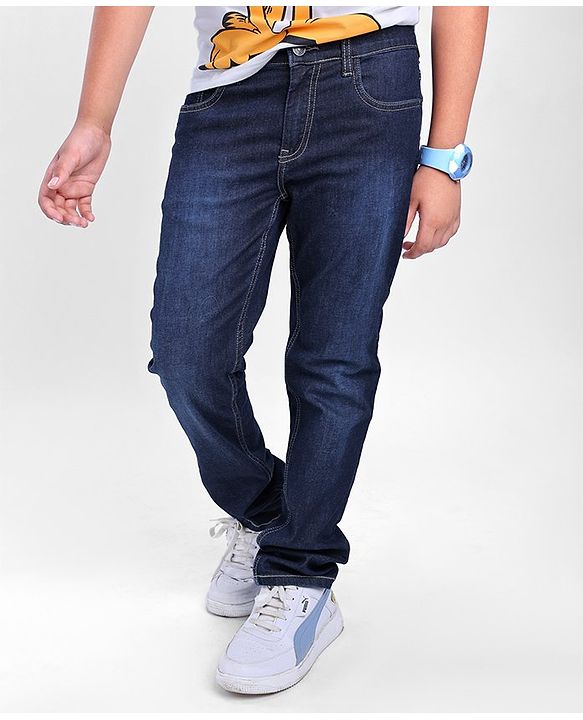 Pine Kids Cotton Spandex Full Length Stretchable Washed Denim Jeans - Dark Blue