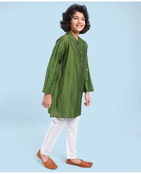 Pine Kids Full Sleeves Pintuck Kurta Pyjama Set Striped Design - Green