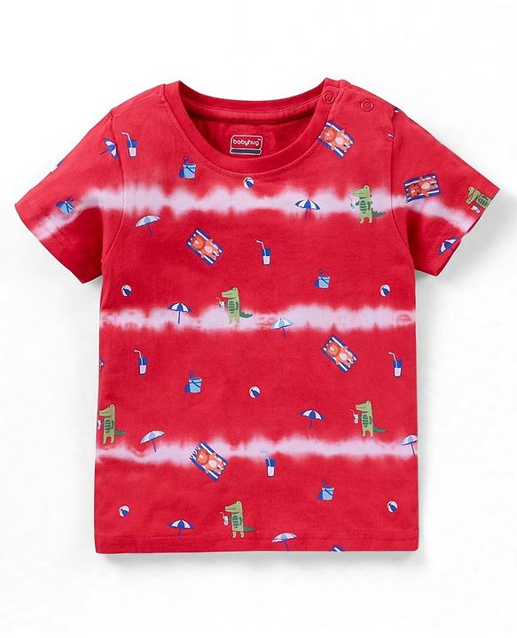 Babyhug Cotton Half Sleeves T-Shirt With Tie Dye & Dino Print- Red